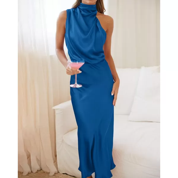 imageBTFBM Womens Sleeveless Cocktail Dresses Mock Neck Keyhole Elastic High Waist Wedding Guest Evening Party Maxi DressSolid Navy