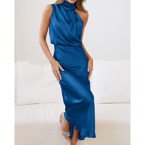 imageBTFBM Womens Sleeveless Cocktail Dresses Mock Neck Keyhole Elastic High Waist Wedding Guest Evening Party Maxi DressSolid Navy