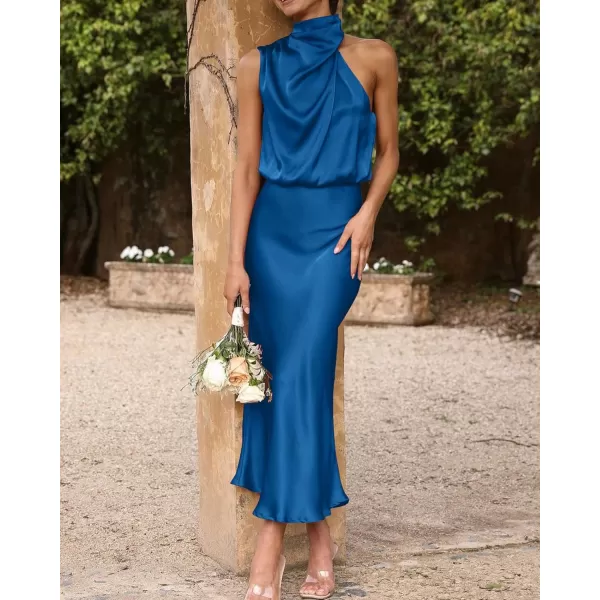 imageBTFBM Womens Sleeveless Cocktail Dresses Mock Neck Keyhole Elastic High Waist Wedding Guest Evening Party Maxi DressSolid Navy