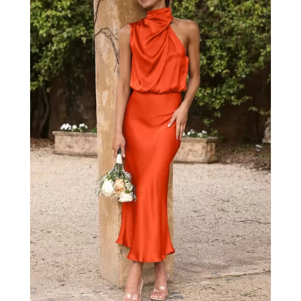 imageBTFBM Womens Sleeveless Cocktail Dresses Mock Neck Keyhole Elastic High Waist Wedding Guest Evening Party Maxi DressSolid Orange