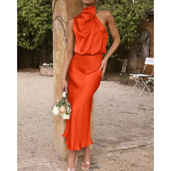 imageBTFBM Womens Sleeveless Cocktail Dresses Mock Neck Keyhole Elastic High Waist Wedding Guest Evening Party Maxi DressSolid Orange