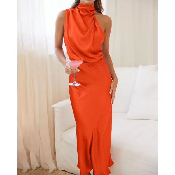 imageBTFBM Womens Sleeveless Cocktail Dresses Mock Neck Keyhole Elastic High Waist Wedding Guest Evening Party Maxi DressSolid Orange