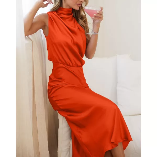 imageBTFBM Womens Sleeveless Cocktail Dresses Mock Neck Keyhole Elastic High Waist Wedding Guest Evening Party Maxi DressSolid Orange