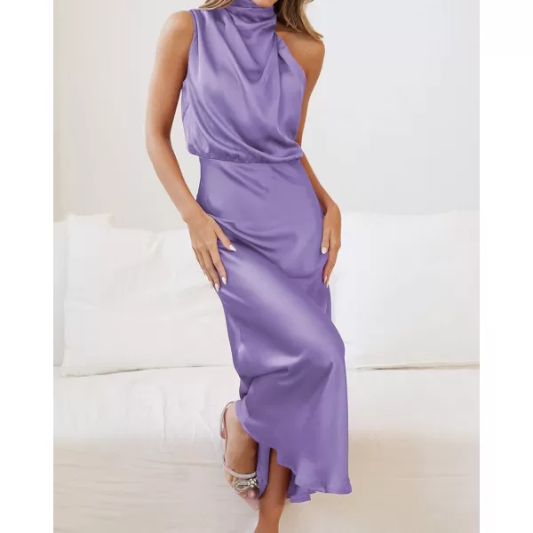 imageBTFBM Womens Sleeveless Cocktail Dresses Mock Neck Keyhole Elastic High Waist Wedding Guest Evening Party Maxi DressSolid Purple