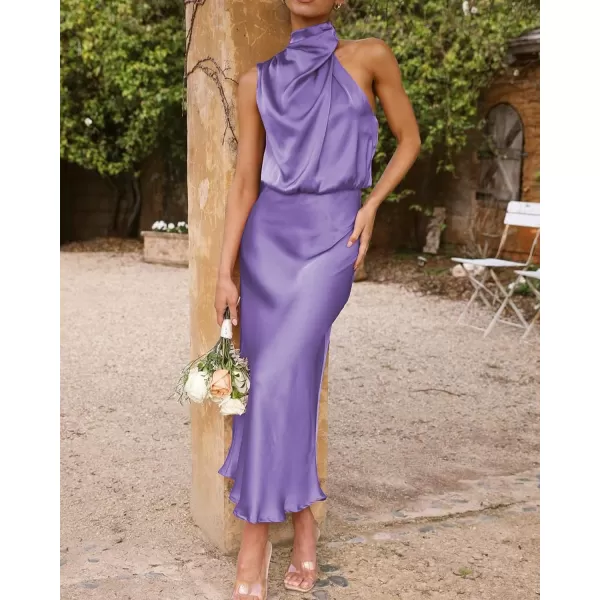 imageBTFBM Womens Sleeveless Cocktail Dresses Mock Neck Keyhole Elastic High Waist Wedding Guest Evening Party Maxi DressSolid Purple