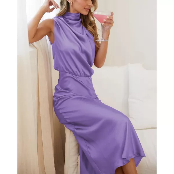 imageBTFBM Womens Sleeveless Cocktail Dresses Mock Neck Keyhole Elastic High Waist Wedding Guest Evening Party Maxi DressSolid Purple