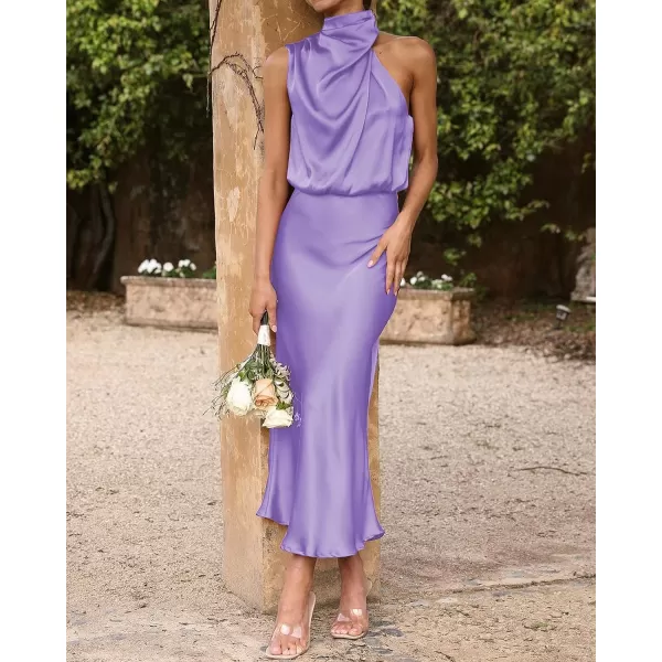 imageBTFBM Womens Sleeveless Cocktail Dresses Mock Neck Keyhole Elastic High Waist Wedding Guest Evening Party Maxi DressSolid Purple
