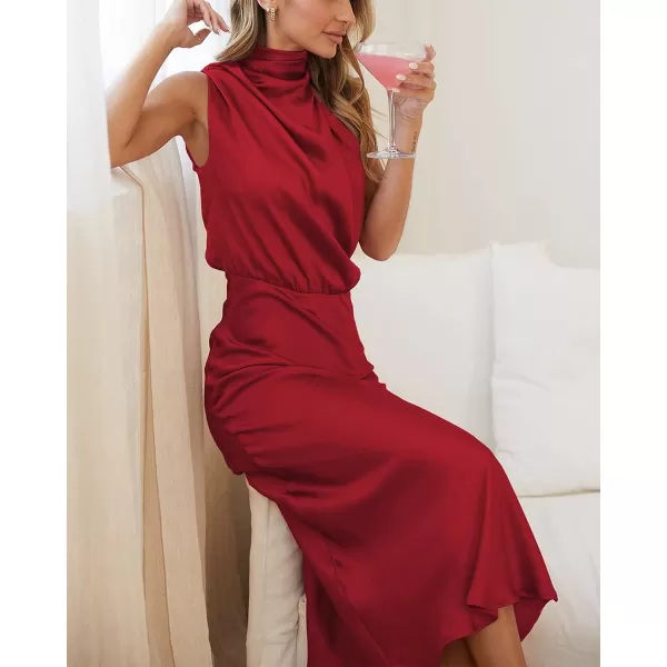 imageBTFBM Womens Sleeveless Cocktail Dresses Mock Neck Keyhole Elastic High Waist Wedding Guest Evening Party Maxi DressSolid Red