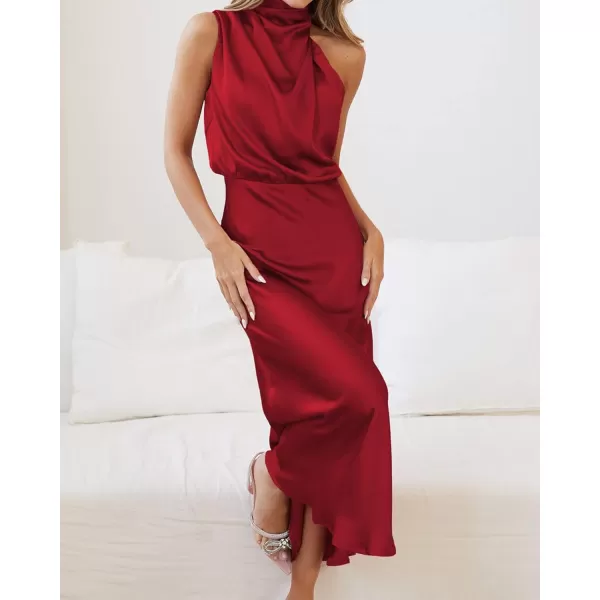 imageBTFBM Womens Sleeveless Cocktail Dresses Mock Neck Keyhole Elastic High Waist Wedding Guest Evening Party Maxi DressSolid Red