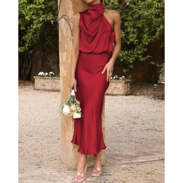 imageBTFBM Womens Sleeveless Cocktail Dresses Mock Neck Keyhole Elastic High Waist Wedding Guest Evening Party Maxi DressSolid Red