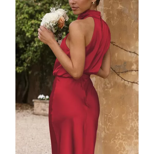 imageBTFBM Womens Sleeveless Cocktail Dresses Mock Neck Keyhole Elastic High Waist Wedding Guest Evening Party Maxi DressSolid Red