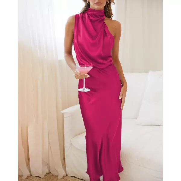 imageBTFBM Womens Sleeveless Cocktail Dresses Mock Neck Keyhole Elastic High Waist Wedding Guest Evening Party Maxi DressSolid Rose Red