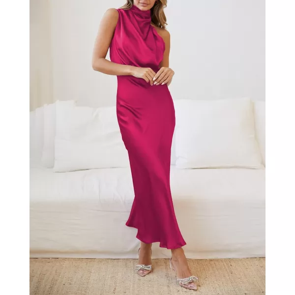 imageBTFBM Womens Sleeveless Cocktail Dresses Mock Neck Keyhole Elastic High Waist Wedding Guest Evening Party Maxi DressSolid Rose Red