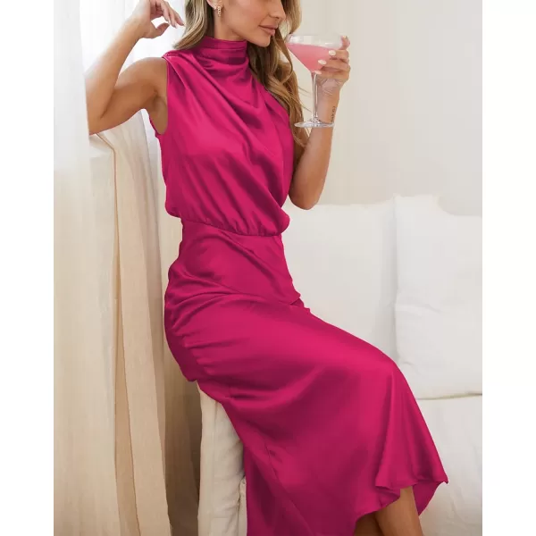 imageBTFBM Womens Sleeveless Cocktail Dresses Mock Neck Keyhole Elastic High Waist Wedding Guest Evening Party Maxi DressSolid Rose Red