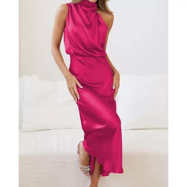 imageBTFBM Womens Sleeveless Cocktail Dresses Mock Neck Keyhole Elastic High Waist Wedding Guest Evening Party Maxi DressSolid Rose Red