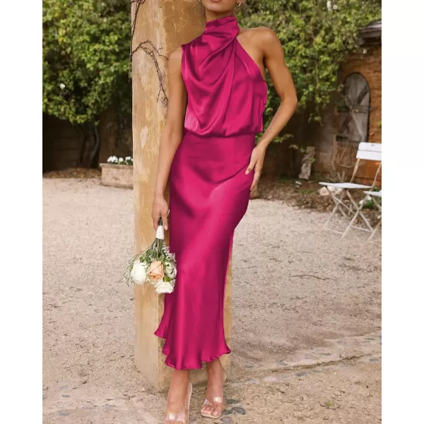 imageBTFBM Womens Sleeveless Cocktail Dresses Mock Neck Keyhole Elastic High Waist Wedding Guest Evening Party Maxi DressSolid Rose Red