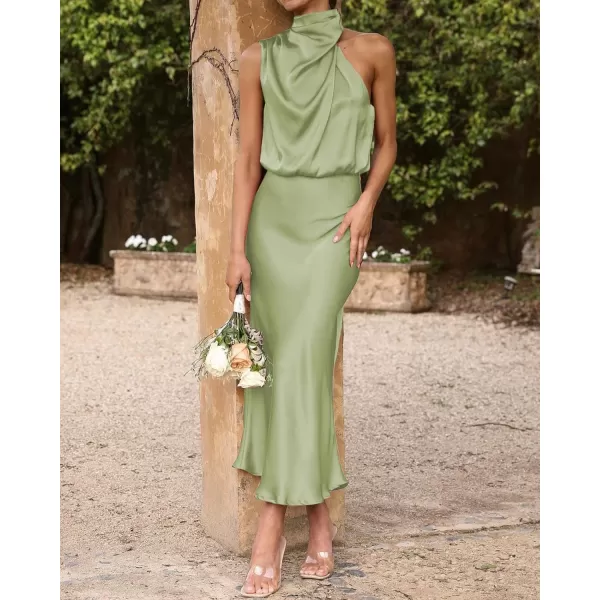 imageBTFBM Womens Sleeveless Cocktail Dresses Mock Neck Keyhole Elastic High Waist Wedding Guest Evening Party Maxi DressSolid Tender Green