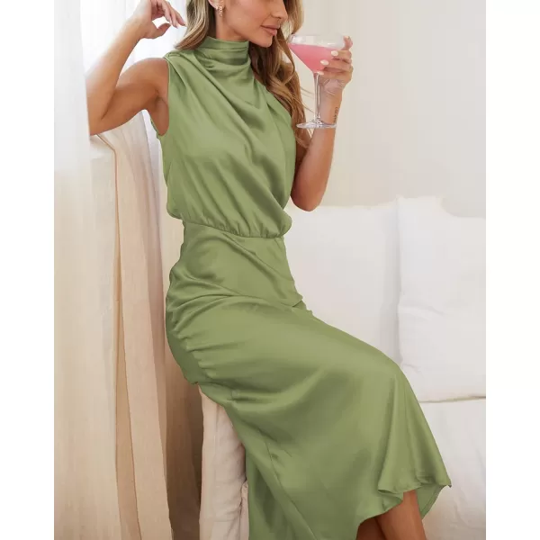 imageBTFBM Womens Sleeveless Cocktail Dresses Mock Neck Keyhole Elastic High Waist Wedding Guest Evening Party Maxi DressSolid Tender Green