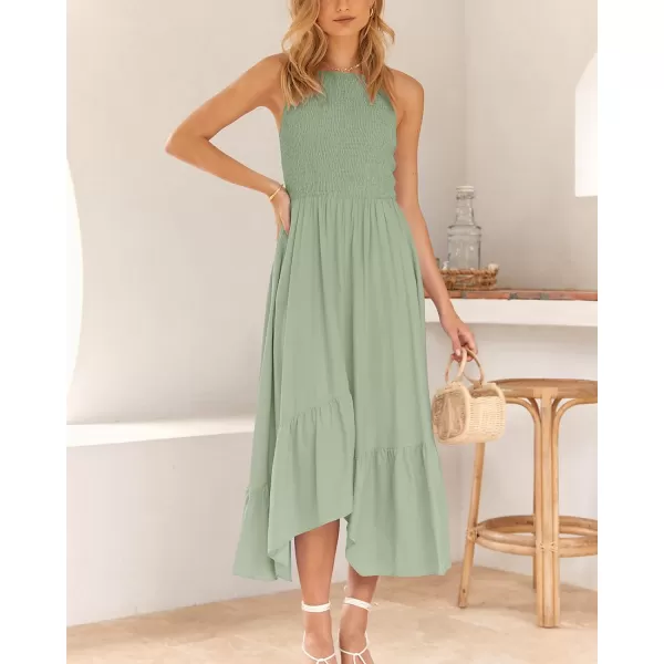 imageBTFBM Womens Sleeveless Halter Neck Casual Summer Dress Smocked Flowy Irregular Hem Wedding Beach Party Maxi SundressesSolid Bean Green