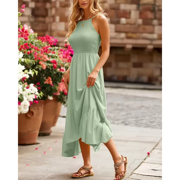 imageBTFBM Womens Sleeveless Halter Neck Casual Summer Dress Smocked Flowy Irregular Hem Wedding Beach Party Maxi SundressesSolid Bean Green