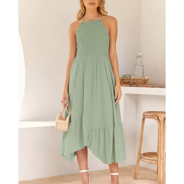 imageBTFBM Womens Sleeveless Halter Neck Casual Summer Dress Smocked Flowy Irregular Hem Wedding Beach Party Maxi SundressesSolid Bean Green
