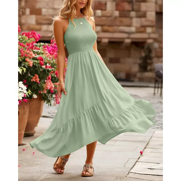 imageBTFBM Womens Sleeveless Halter Neck Casual Summer Dress Smocked Flowy Irregular Hem Wedding Beach Party Maxi SundressesSolid Bean Green