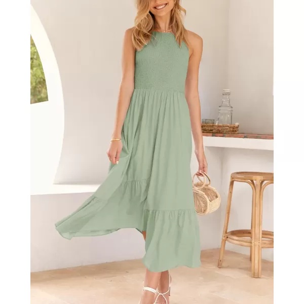 imageBTFBM Womens Sleeveless Halter Neck Casual Summer Dress Smocked Flowy Irregular Hem Wedding Beach Party Maxi SundressesSolid Bean Green