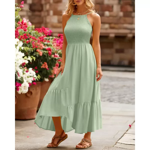 imageBTFBM Womens Sleeveless Halter Neck Casual Summer Dress Smocked Flowy Irregular Hem Wedding Beach Party Maxi SundressesSolid Bean Green