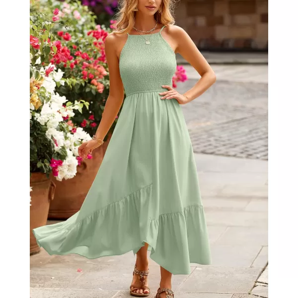 imageBTFBM Womens Sleeveless Halter Neck Casual Summer Dress Smocked Flowy Irregular Hem Wedding Beach Party Maxi SundressesSolid Bean Green