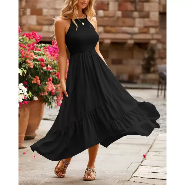 imageBTFBM Womens Sleeveless Halter Neck Casual Summer Dress Smocked Flowy Irregular Hem Wedding Beach Party Maxi SundressesSolid Black