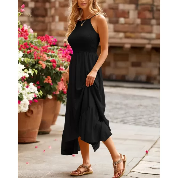 imageBTFBM Womens Sleeveless Halter Neck Casual Summer Dress Smocked Flowy Irregular Hem Wedding Beach Party Maxi SundressesSolid Black