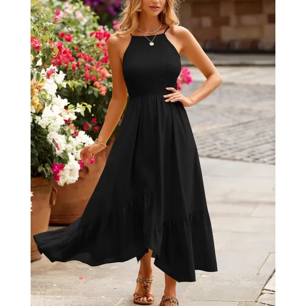 imageBTFBM Womens Sleeveless Halter Neck Casual Summer Dress Smocked Flowy Irregular Hem Wedding Beach Party Maxi SundressesSolid Black