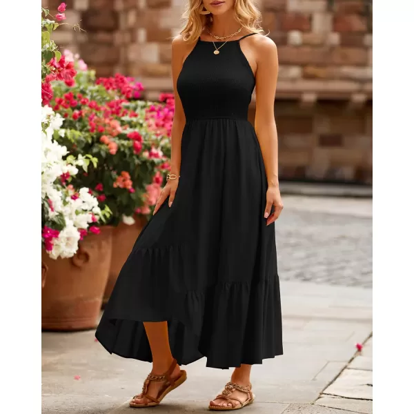 imageBTFBM Womens Sleeveless Halter Neck Casual Summer Dress Smocked Flowy Irregular Hem Wedding Beach Party Maxi SundressesSolid Black