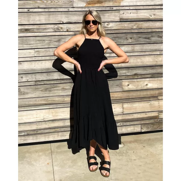 imageBTFBM Womens Sleeveless Halter Neck Casual Summer Dress Smocked Flowy Irregular Hem Wedding Beach Party Maxi SundressesSolid Black