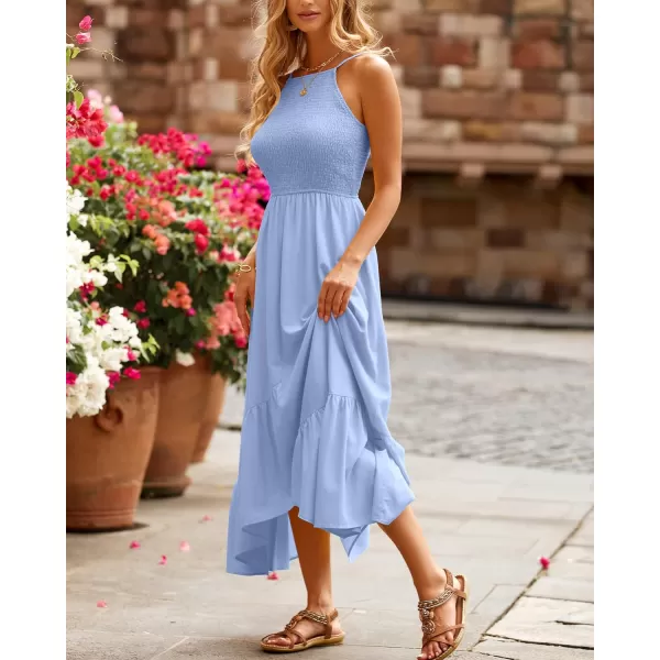 imageBTFBM Womens Sleeveless Halter Neck Casual Summer Dress Smocked Flowy Irregular Hem Wedding Beach Party Maxi SundressesSolid Blue