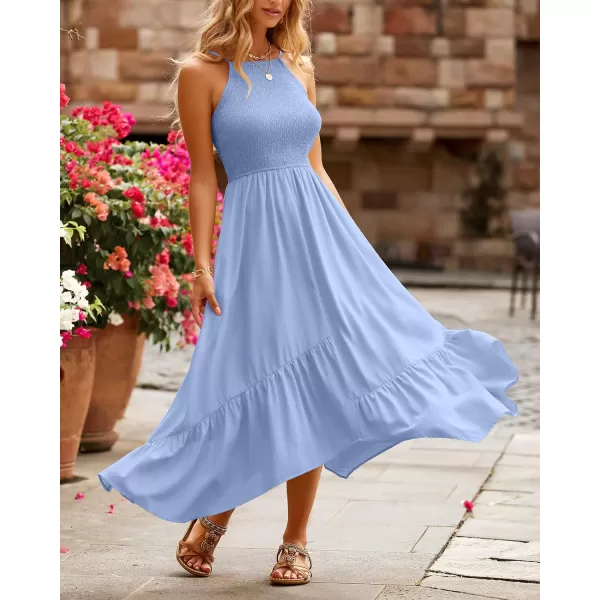 imageBTFBM Womens Sleeveless Halter Neck Casual Summer Dress Smocked Flowy Irregular Hem Wedding Beach Party Maxi SundressesSolid Blue