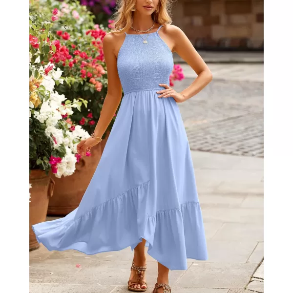 imageBTFBM Womens Sleeveless Halter Neck Casual Summer Dress Smocked Flowy Irregular Hem Wedding Beach Party Maxi SundressesSolid Blue