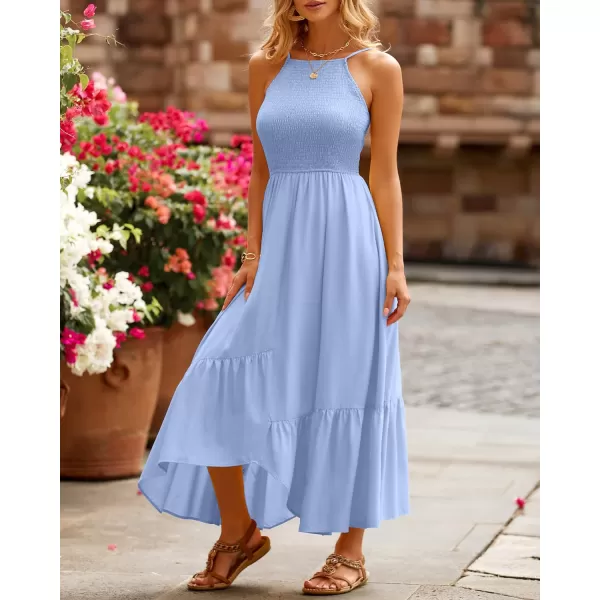 imageBTFBM Womens Sleeveless Halter Neck Casual Summer Dress Smocked Flowy Irregular Hem Wedding Beach Party Maxi SundressesSolid Blue