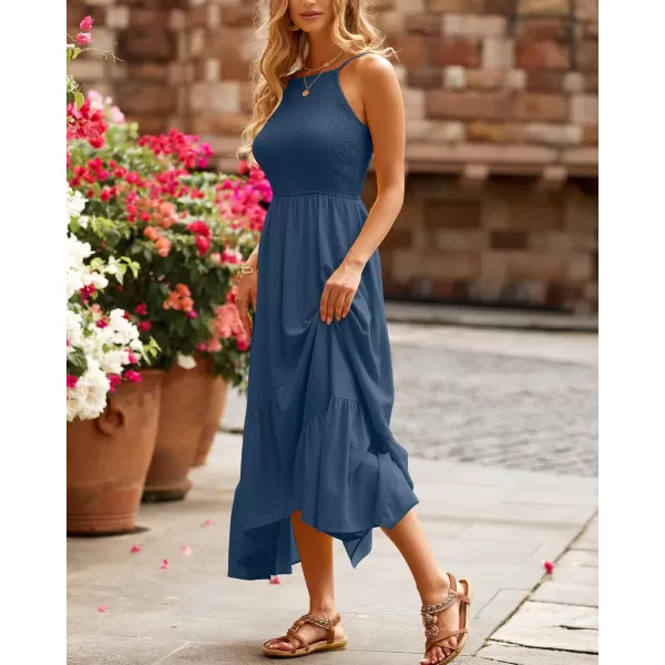 imageBTFBM Womens Sleeveless Halter Neck Casual Summer Dress Smocked Flowy Irregular Hem Wedding Beach Party Maxi SundressesSolid Dark Blue