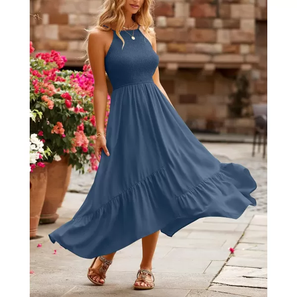 imageBTFBM Womens Sleeveless Halter Neck Casual Summer Dress Smocked Flowy Irregular Hem Wedding Beach Party Maxi SundressesSolid Dark Blue