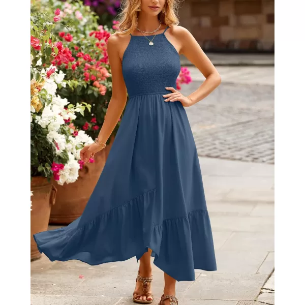 imageBTFBM Womens Sleeveless Halter Neck Casual Summer Dress Smocked Flowy Irregular Hem Wedding Beach Party Maxi SundressesSolid Dark Blue