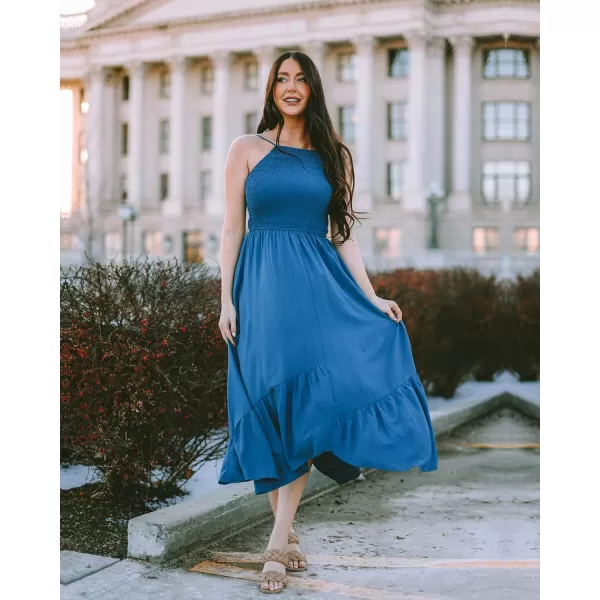 imageBTFBM Womens Sleeveless Halter Neck Casual Summer Dress Smocked Flowy Irregular Hem Wedding Beach Party Maxi SundressesSolid Dark Blue