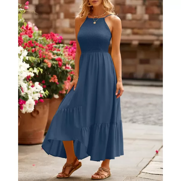 imageBTFBM Womens Sleeveless Halter Neck Casual Summer Dress Smocked Flowy Irregular Hem Wedding Beach Party Maxi SundressesSolid Dark Blue