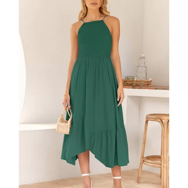 imageBTFBM Womens Sleeveless Halter Neck Casual Summer Dress Smocked Flowy Irregular Hem Wedding Beach Party Maxi SundressesSolid Green