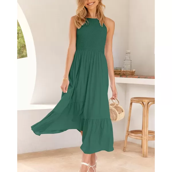 imageBTFBM Womens Sleeveless Halter Neck Casual Summer Dress Smocked Flowy Irregular Hem Wedding Beach Party Maxi SundressesSolid Green