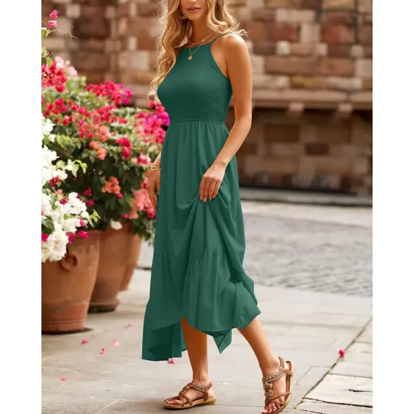 imageBTFBM Womens Sleeveless Halter Neck Casual Summer Dress Smocked Flowy Irregular Hem Wedding Beach Party Maxi SundressesSolid Green