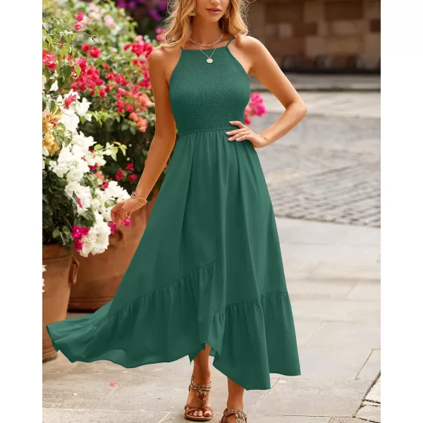 imageBTFBM Womens Sleeveless Halter Neck Casual Summer Dress Smocked Flowy Irregular Hem Wedding Beach Party Maxi SundressesSolid Green