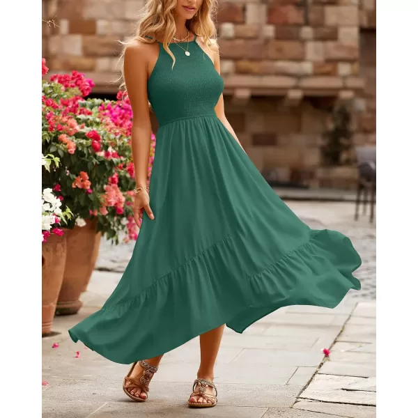 imageBTFBM Womens Sleeveless Halter Neck Casual Summer Dress Smocked Flowy Irregular Hem Wedding Beach Party Maxi SundressesSolid Green