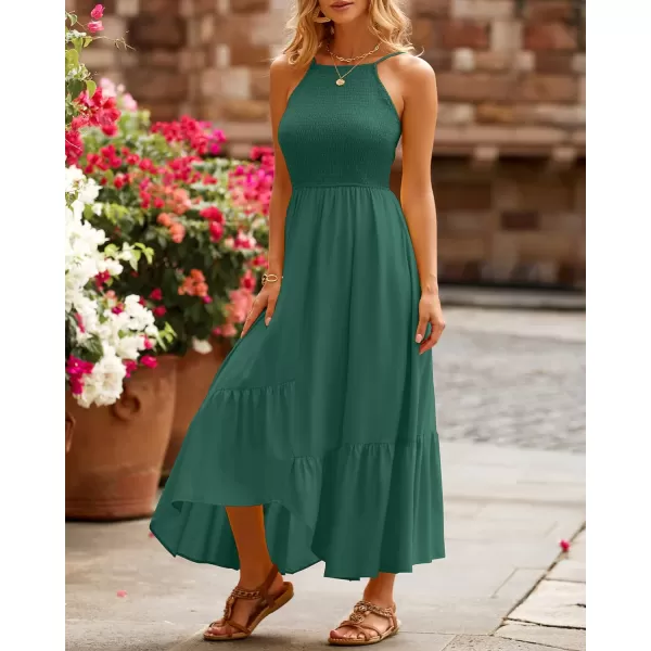 imageBTFBM Womens Sleeveless Halter Neck Casual Summer Dress Smocked Flowy Irregular Hem Wedding Beach Party Maxi SundressesSolid Green