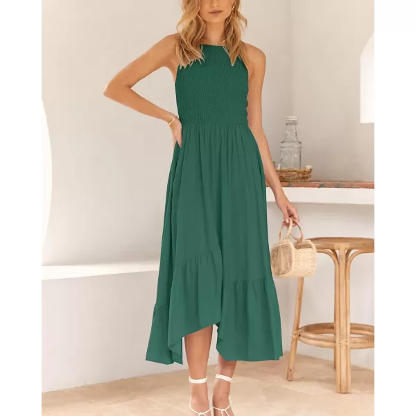 imageBTFBM Womens Sleeveless Halter Neck Casual Summer Dress Smocked Flowy Irregular Hem Wedding Beach Party Maxi SundressesSolid Green